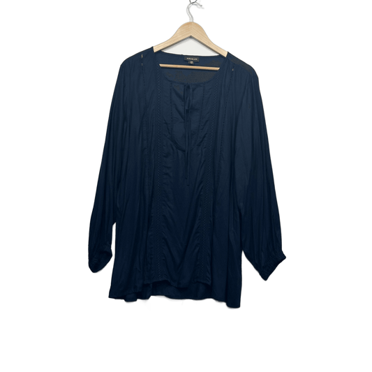 Autograph Navy Blue Long Sleeve Tie Neck Boho Blouse Top Size 14 Viscose