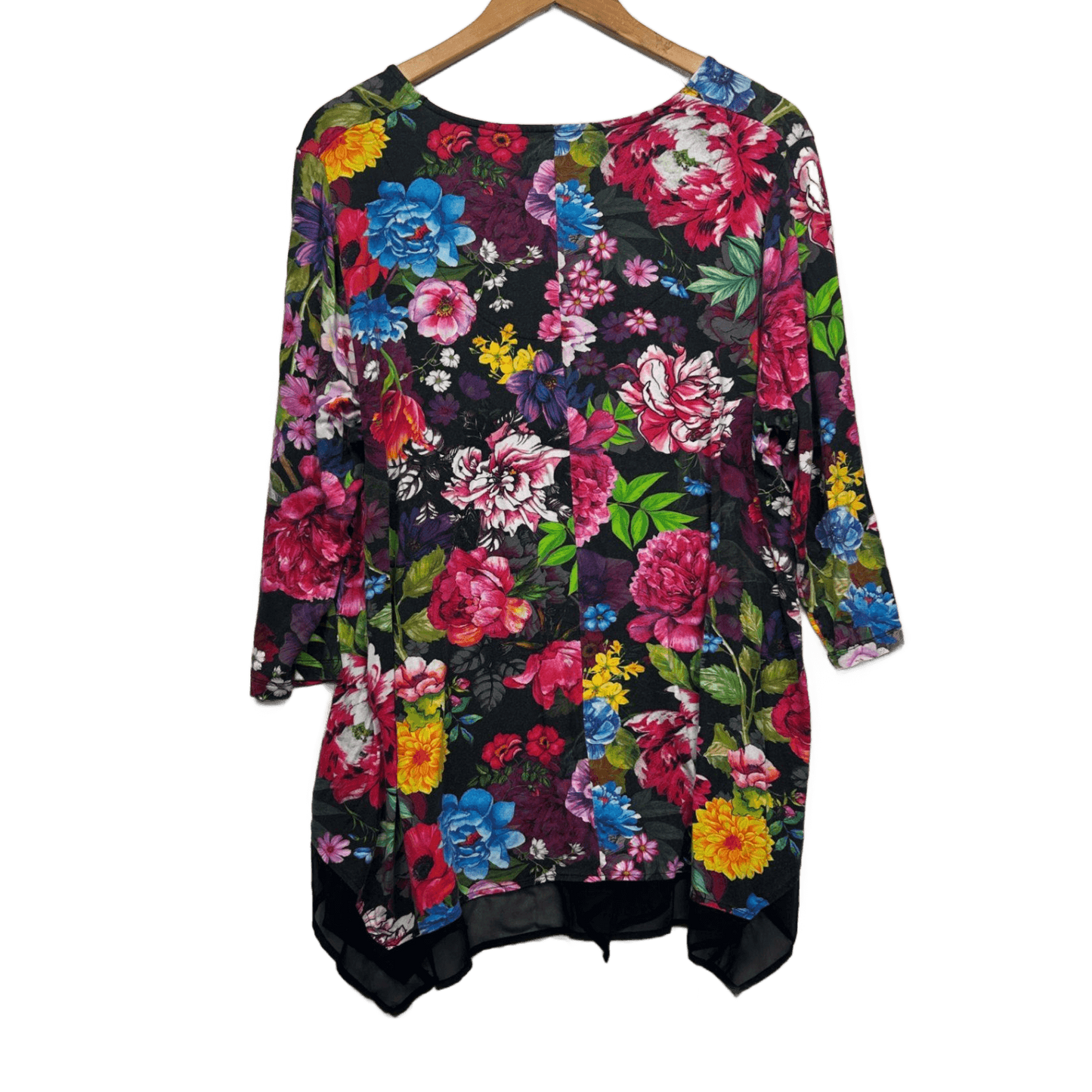 Virtuelle Black Floral Tunic Top Size 16 Plus Asymmetric Hem