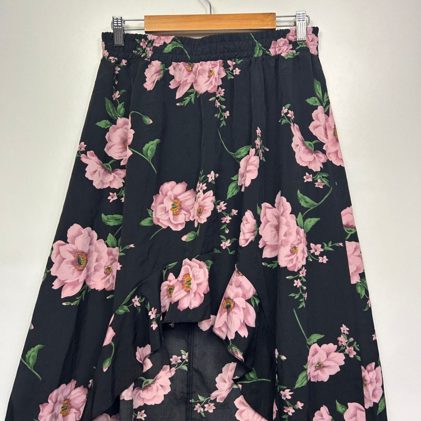 SHEIN Skirt Maxi Size XL 16 Black Pink Floral Hi Low Hem