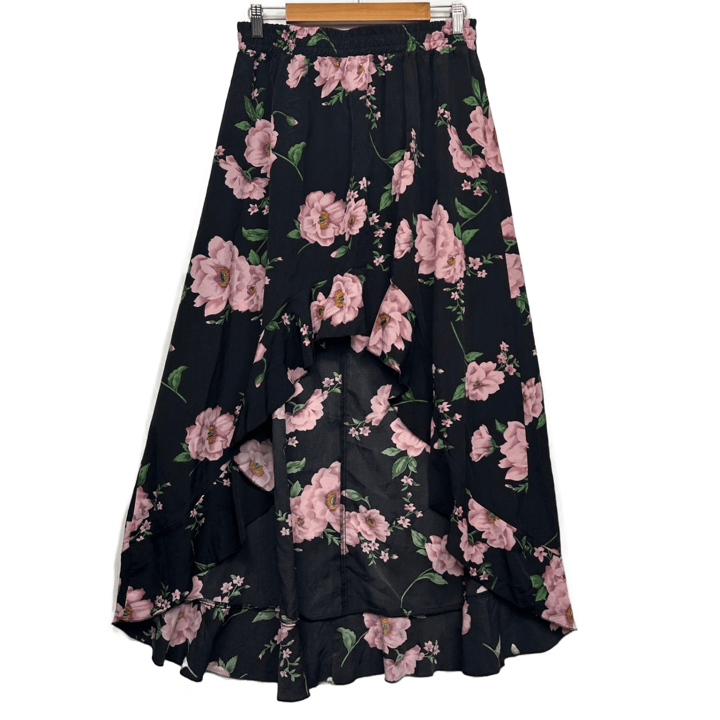 SHEIN Skirt Maxi Size XL 16 Black Pink Floral Hi Low Hem