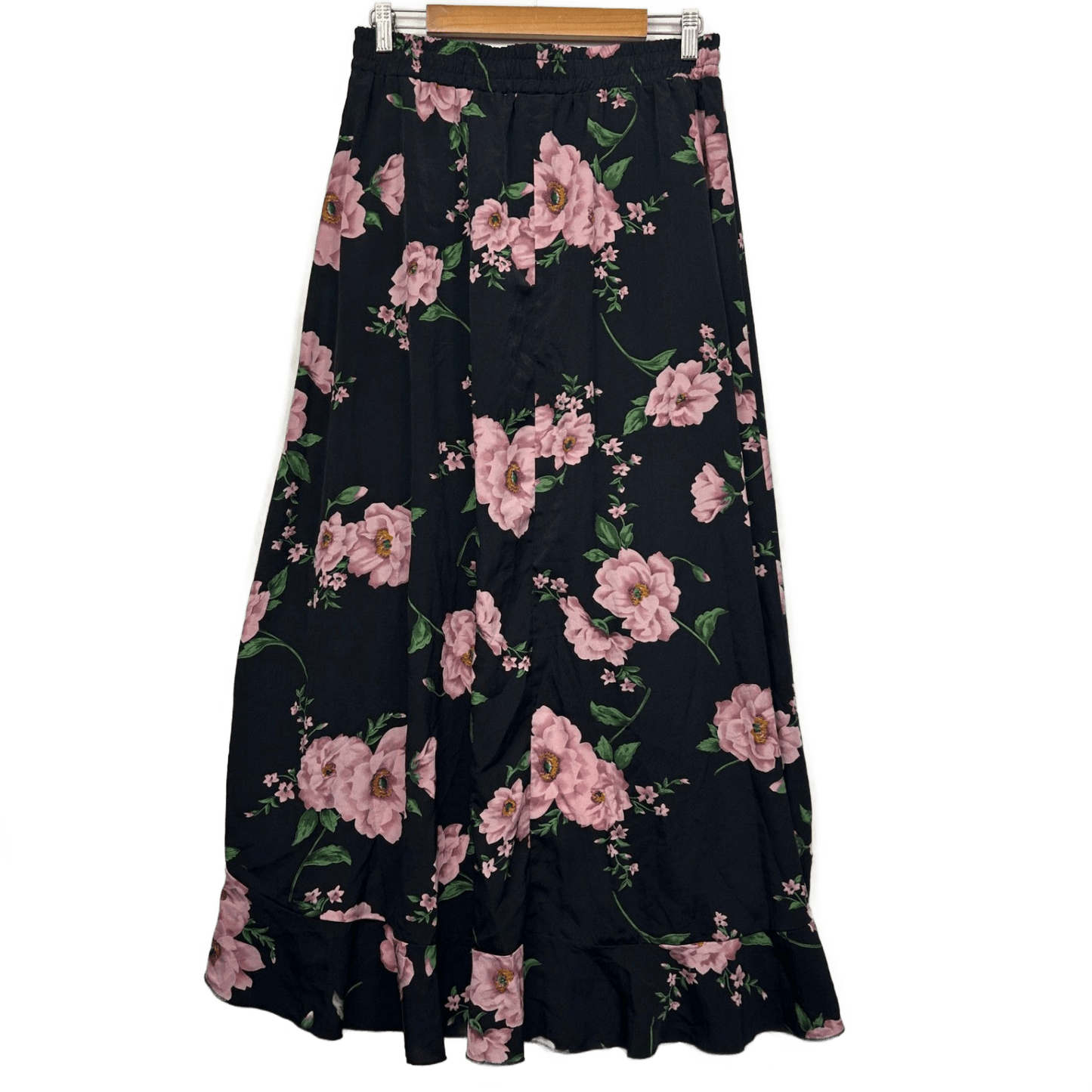 SHEIN Skirt Maxi Size XL 16 Black Pink Floral Hi Low Hem