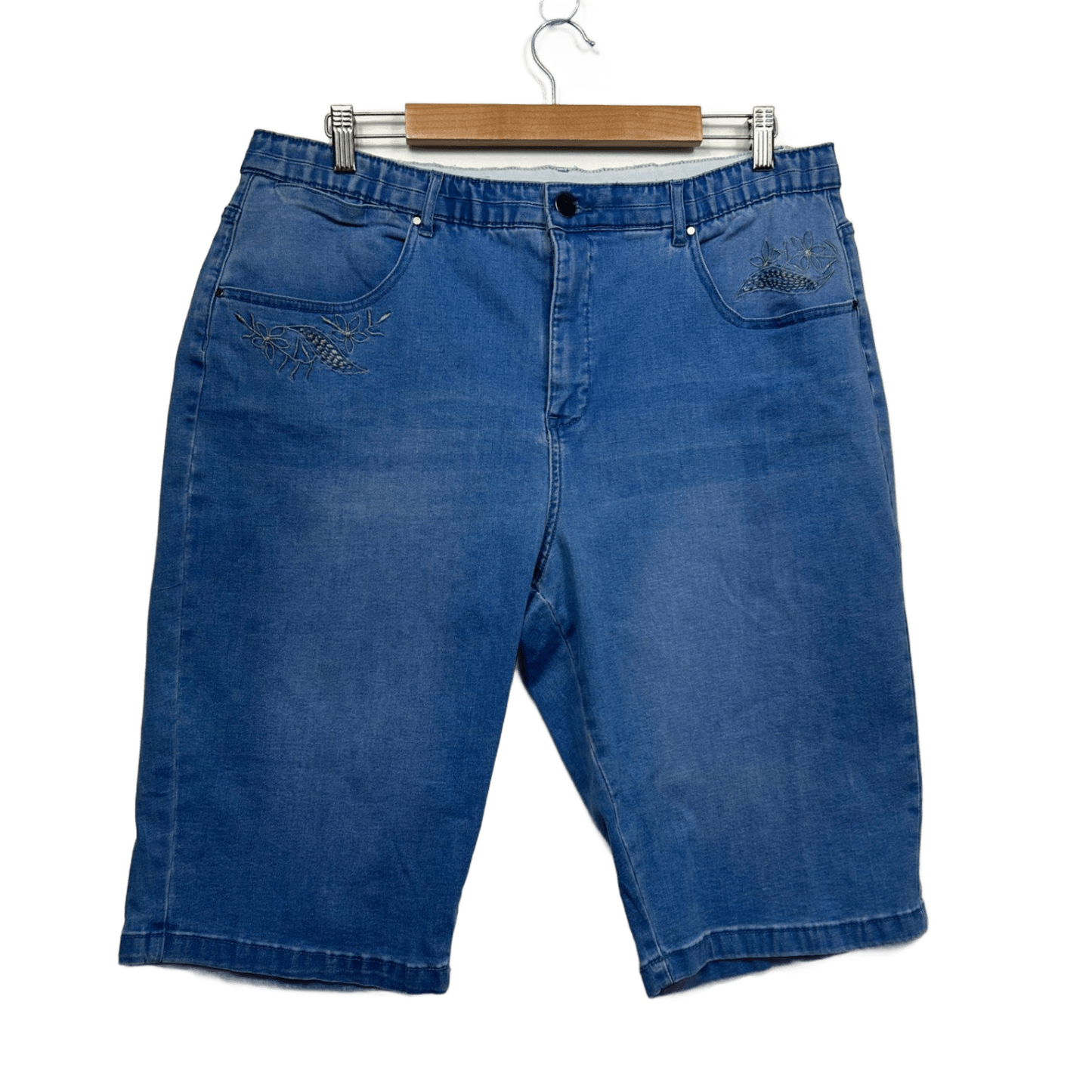 Rockmans Blue Embroidered Cotton Blend Shorts Size 20 Elastic Waist