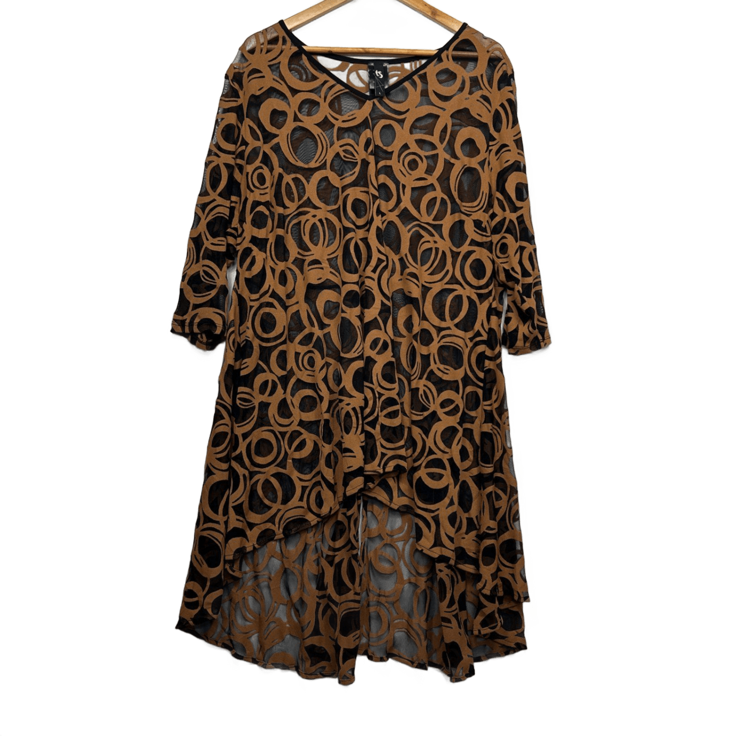 Taking Shape Top Layer Dress Size 20 Sheer Long Sleeve Brown Black Mesh Hi Low