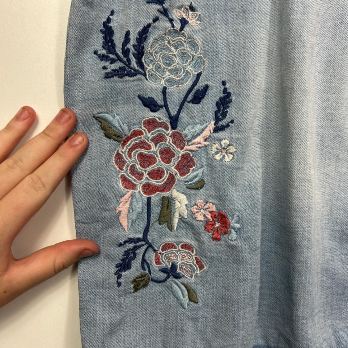 Now Womens Cotton Blend Pockets Denim Mini Skirt Size 16 Floral Embroidered