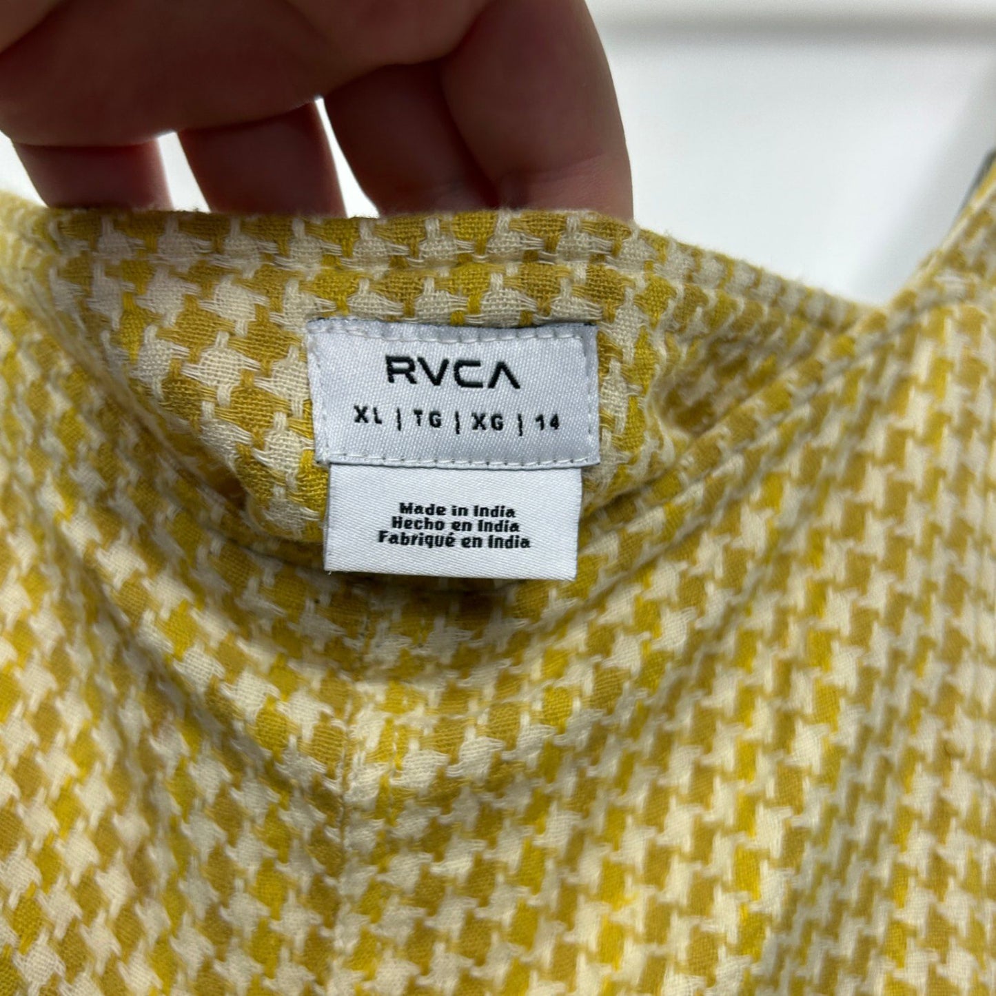 RVCA Mustard White Houndstooth Check Pinafore Boho Jumpsuit Overalls Pockets 14