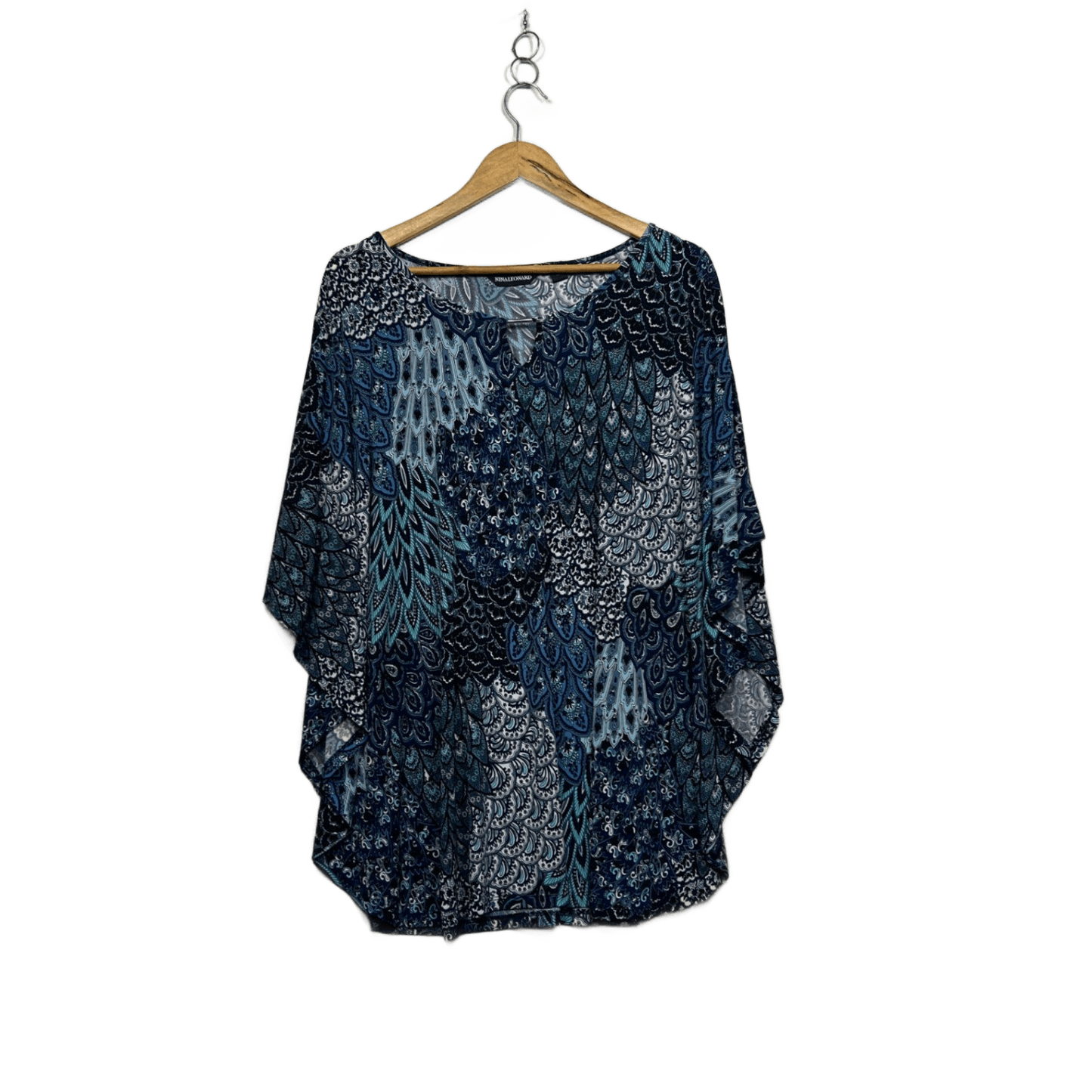 Nina Leonard Top Size XL Short Batwing Sleeve Multicoloured Blue