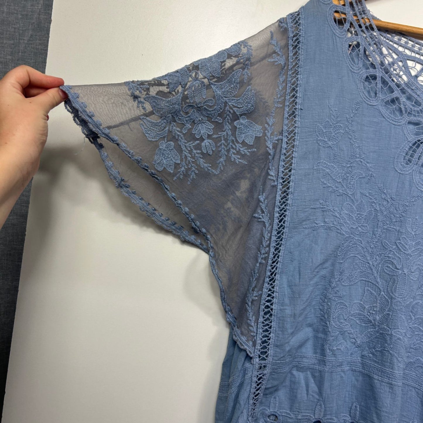 Millers Top Size 20 Crochet Trim Embroidered Blue Boho Short Sleeve