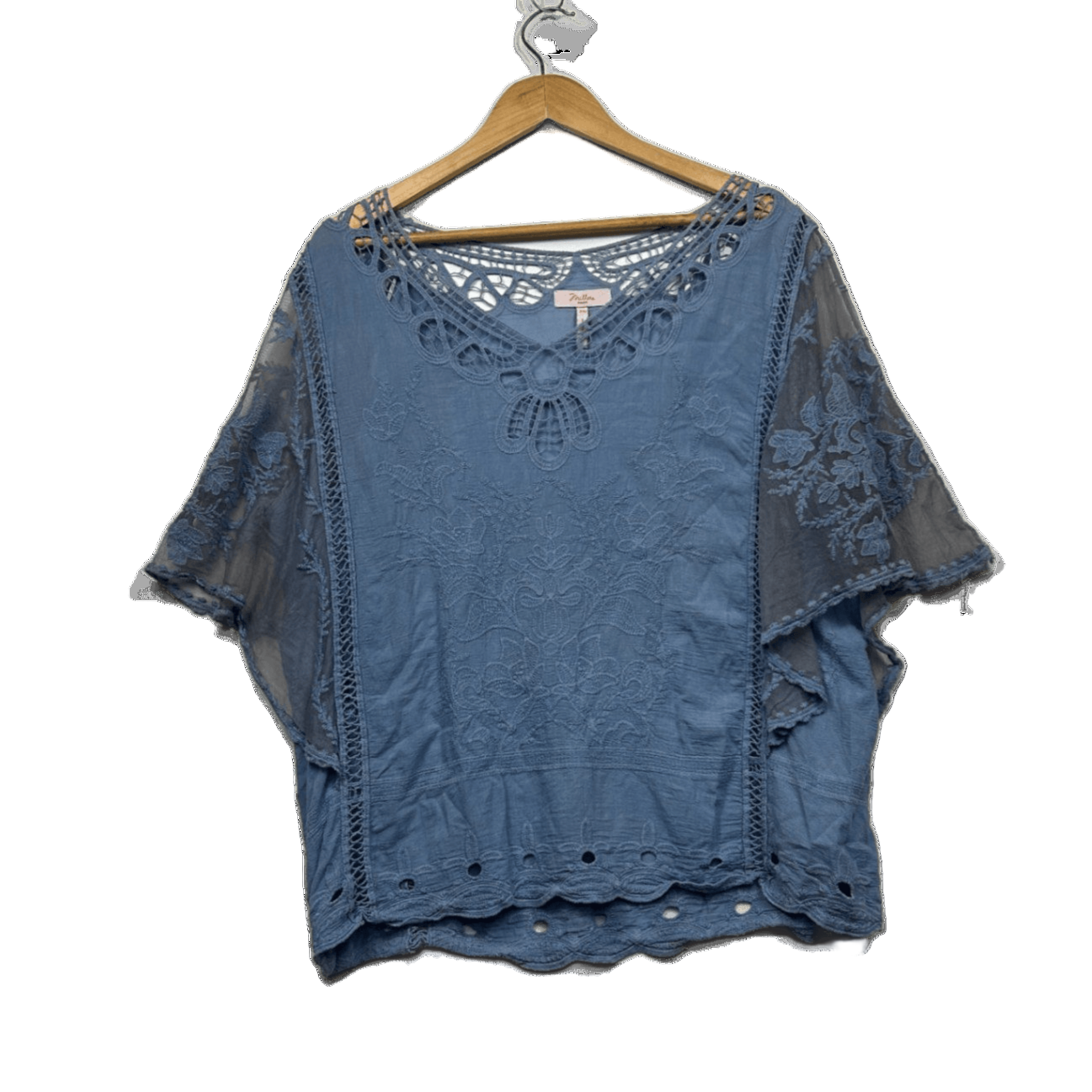 Millers Top Size 20 Crochet Trim Embroidered Blue Boho Short Sleeve