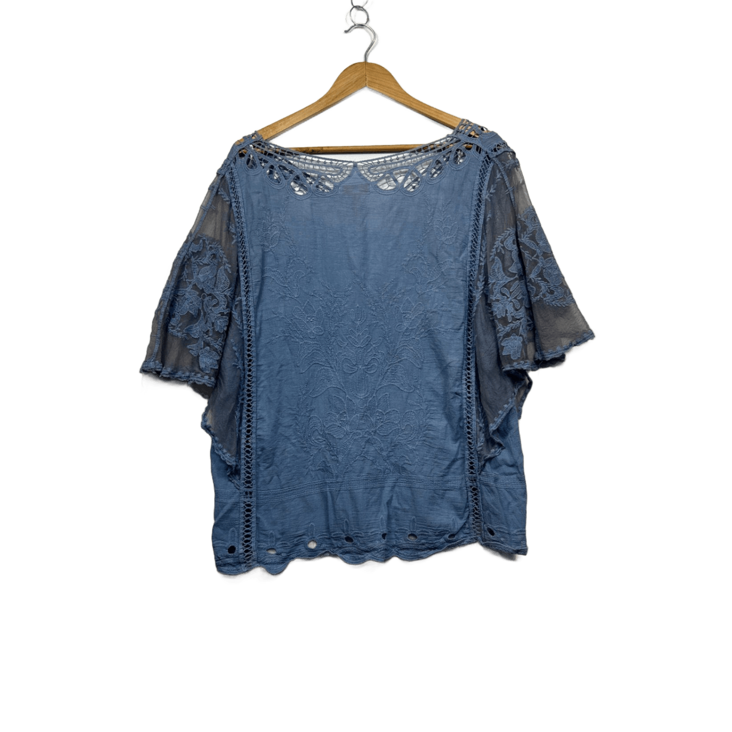 Millers Top Size 20 Crochet Trim Embroidered Blue Boho Short Sleeve