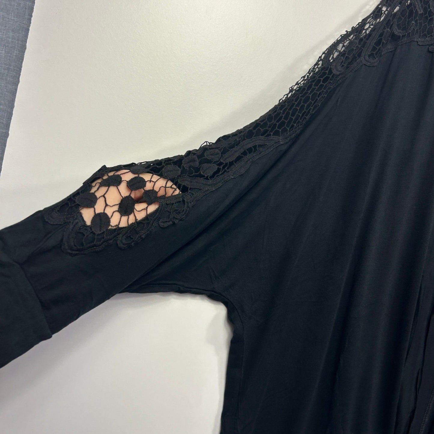 Autograph Black Open Front Kimono Duster Jacket Cover Up Size 22 Crochet Trim