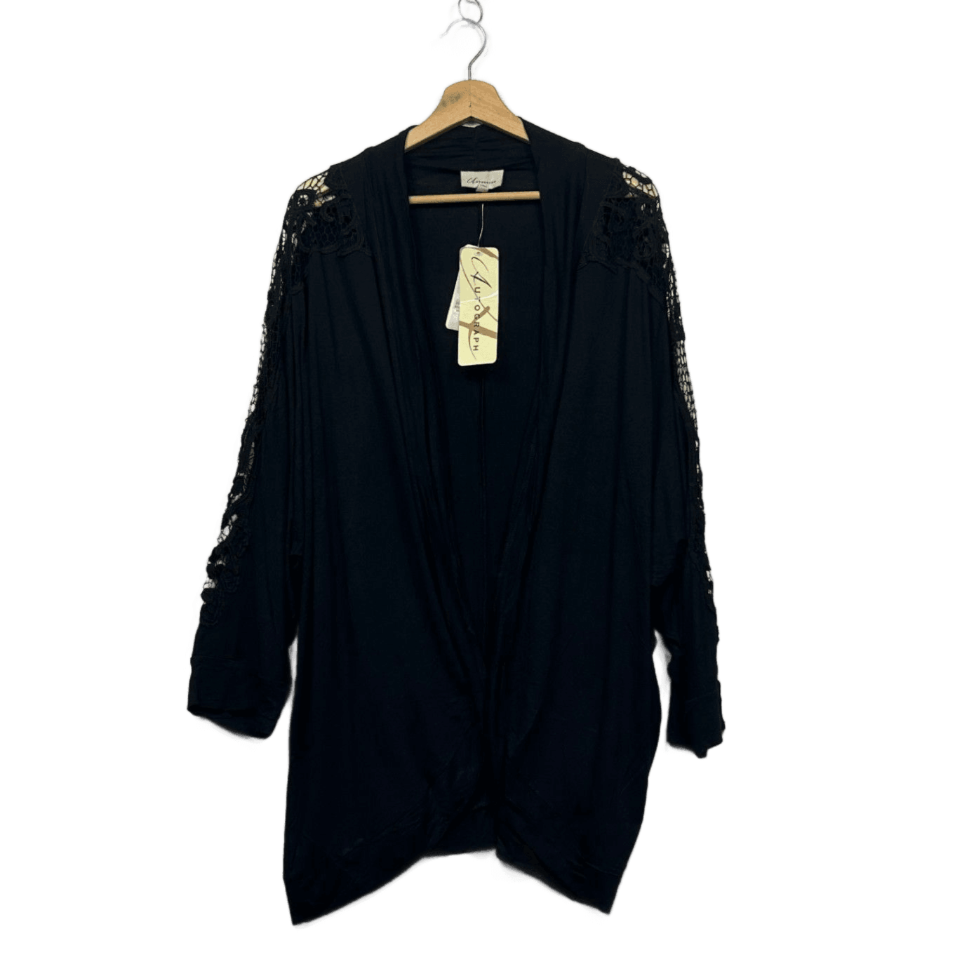 Autograph Black Open Front Kimono Duster Jacket Cover Up Size 22 Crochet Trim