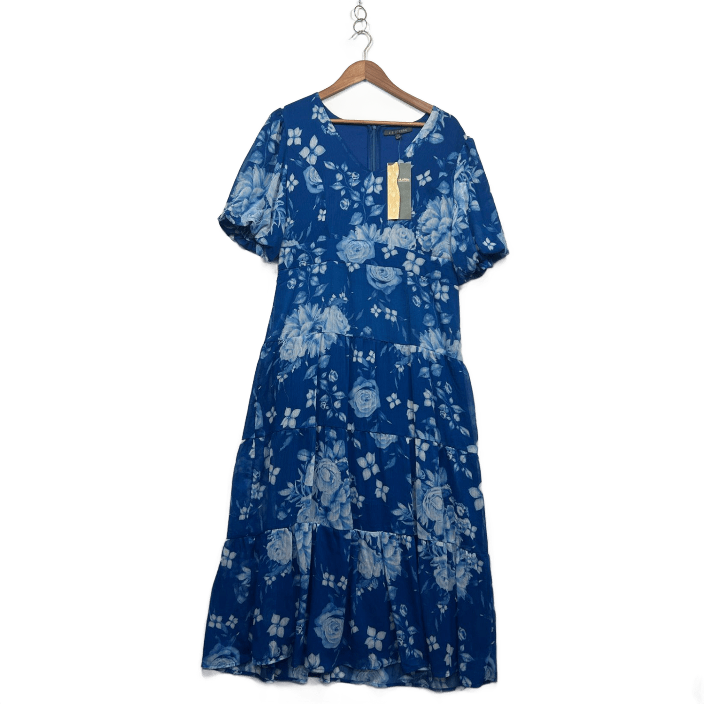 New Liz Jordan Blue Floral Waist Tie Short Sleeve Tiered Maxi Dress Size 14 Occasion