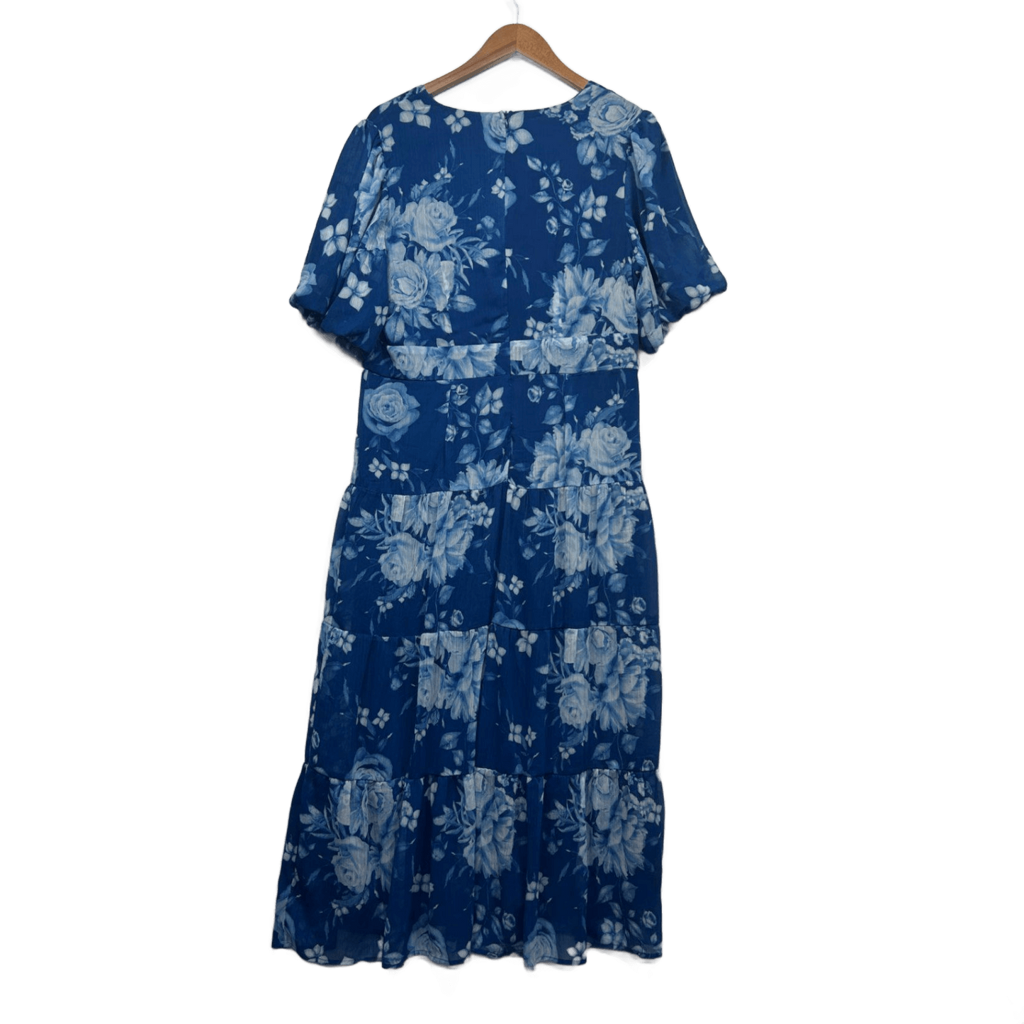 New Liz Jordan Blue Floral Waist Tie Short Sleeve Tiered Maxi Dress Size 14 Occasion