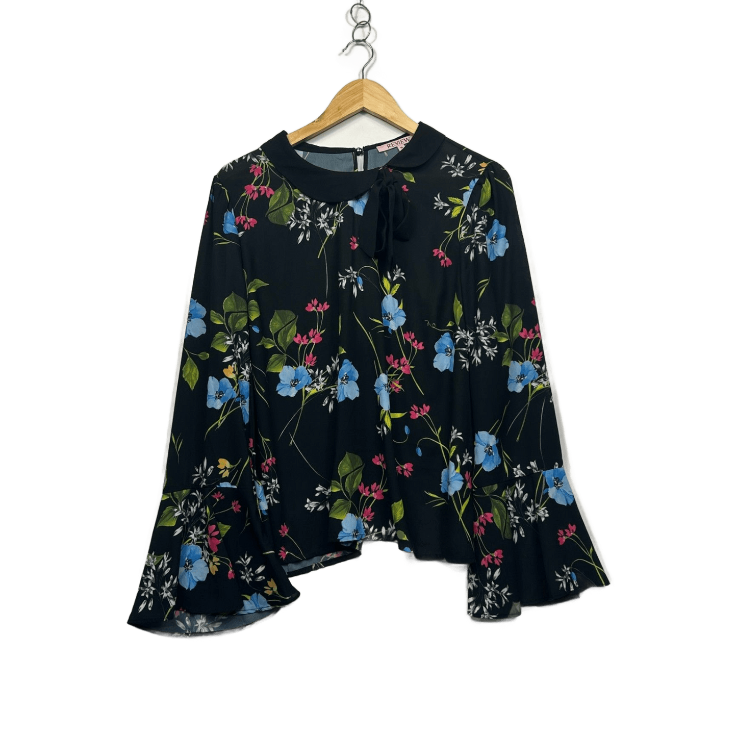 Review Black Floral Bell Sleeve Top Blouse Size 16