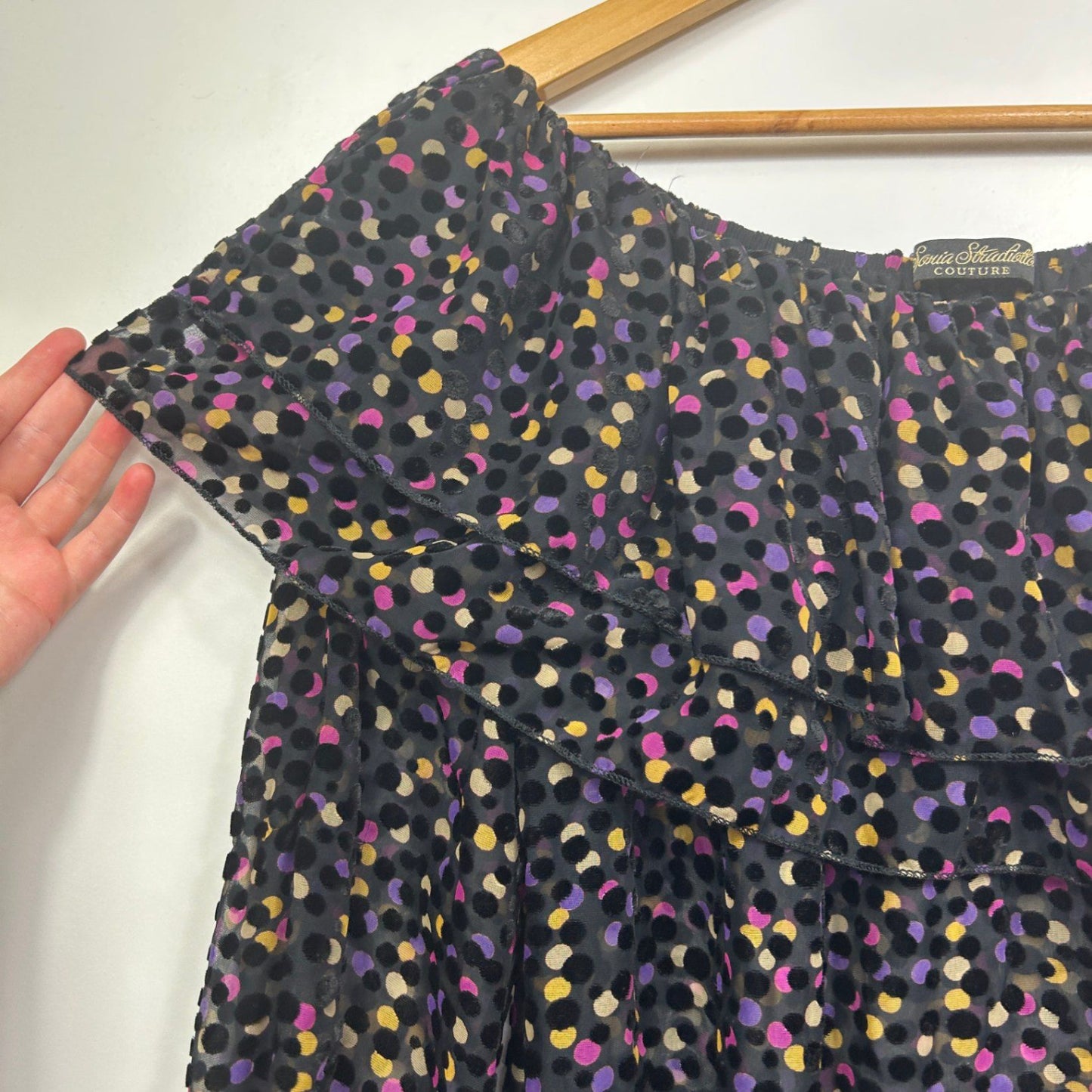 Sonia Stradiotto Couture Velvet Dot Off The Shoulder Ruffle Top Blouse Size 16