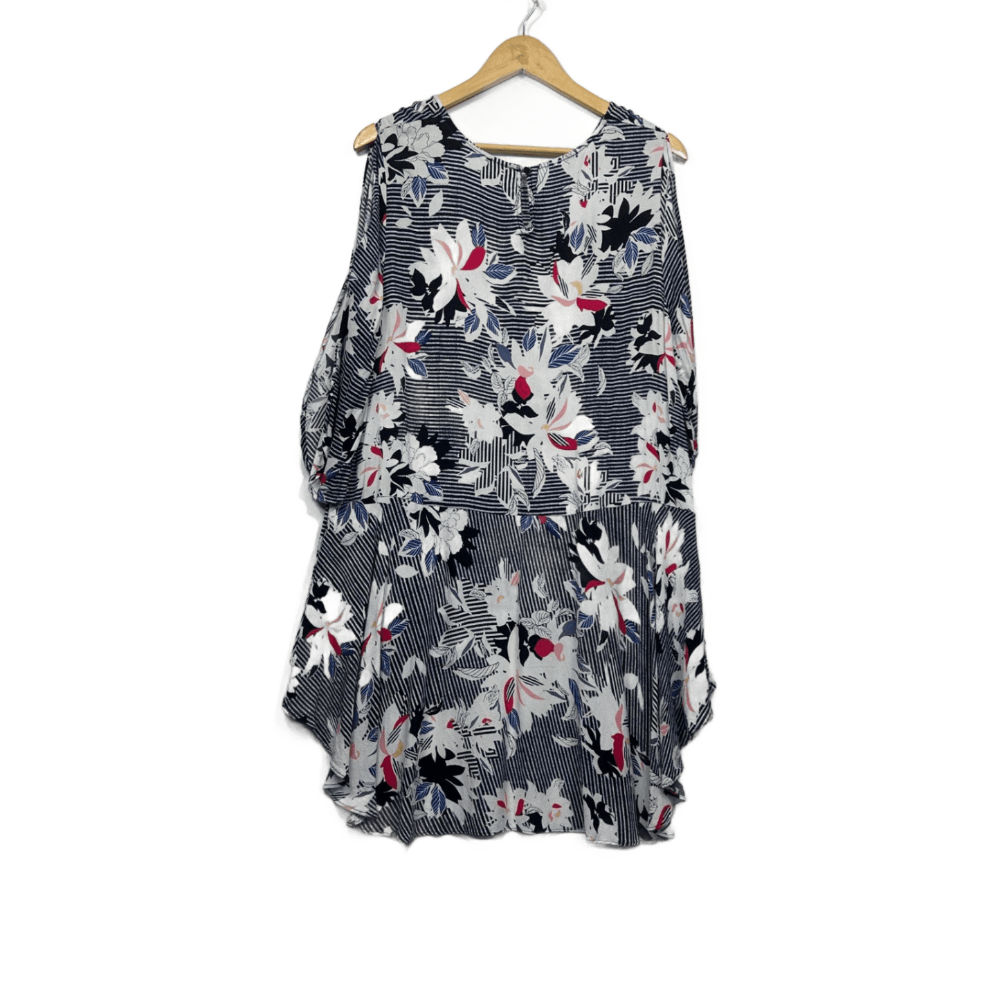 Virtuelle Tunic Top Size 14 Striped Floral Cold Shoulder Hi Low Hem