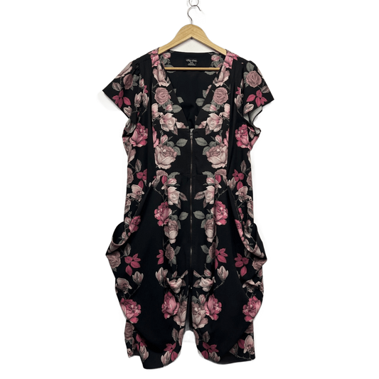City Chic Full Zip Up Black Short Sleeve Knee Length Floral Dress Size 18
