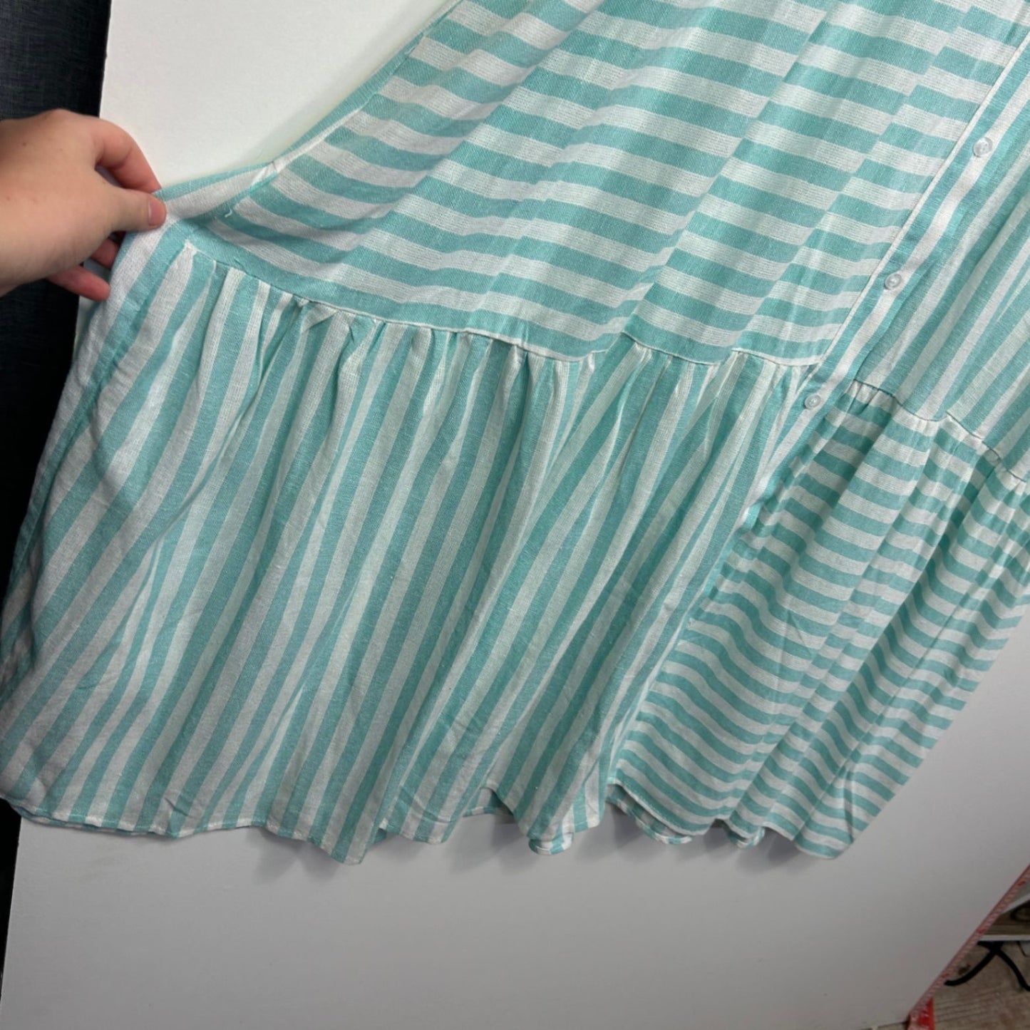 New Autograph Women's Striped Short Sleeve Tiered Linen Shirt Dress Size 16