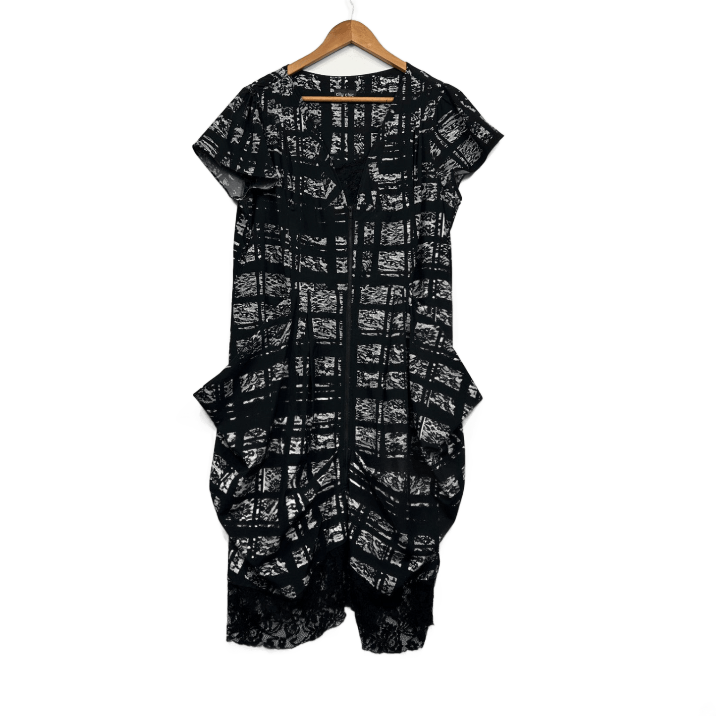 City Chic Black Short Sleeve Midi Lace Trim Size 18 Medium Plus Full Zip Up