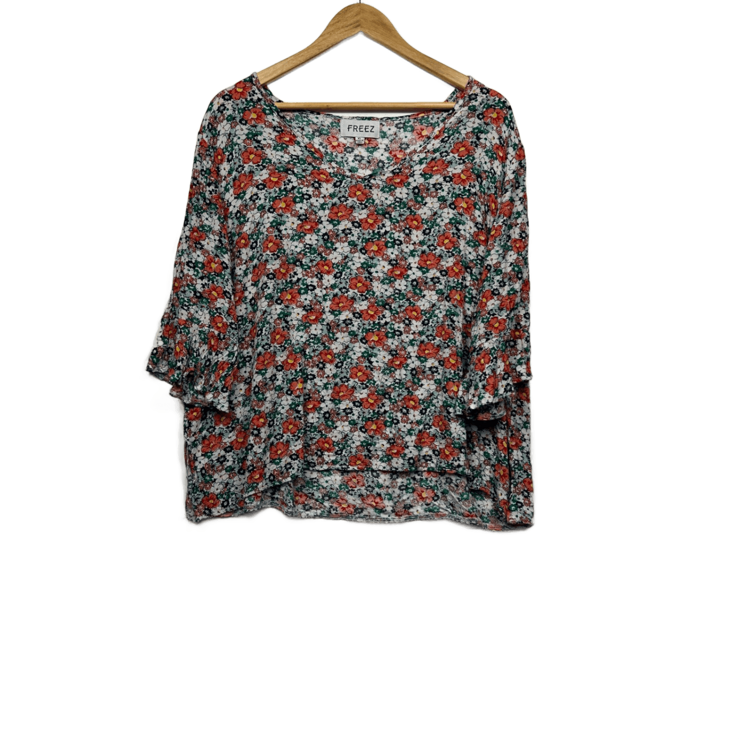 FREEZ Multicoloured Rayon 3/4 Sleeve Floral Rayon Boho Blouse Size XL 14 16
