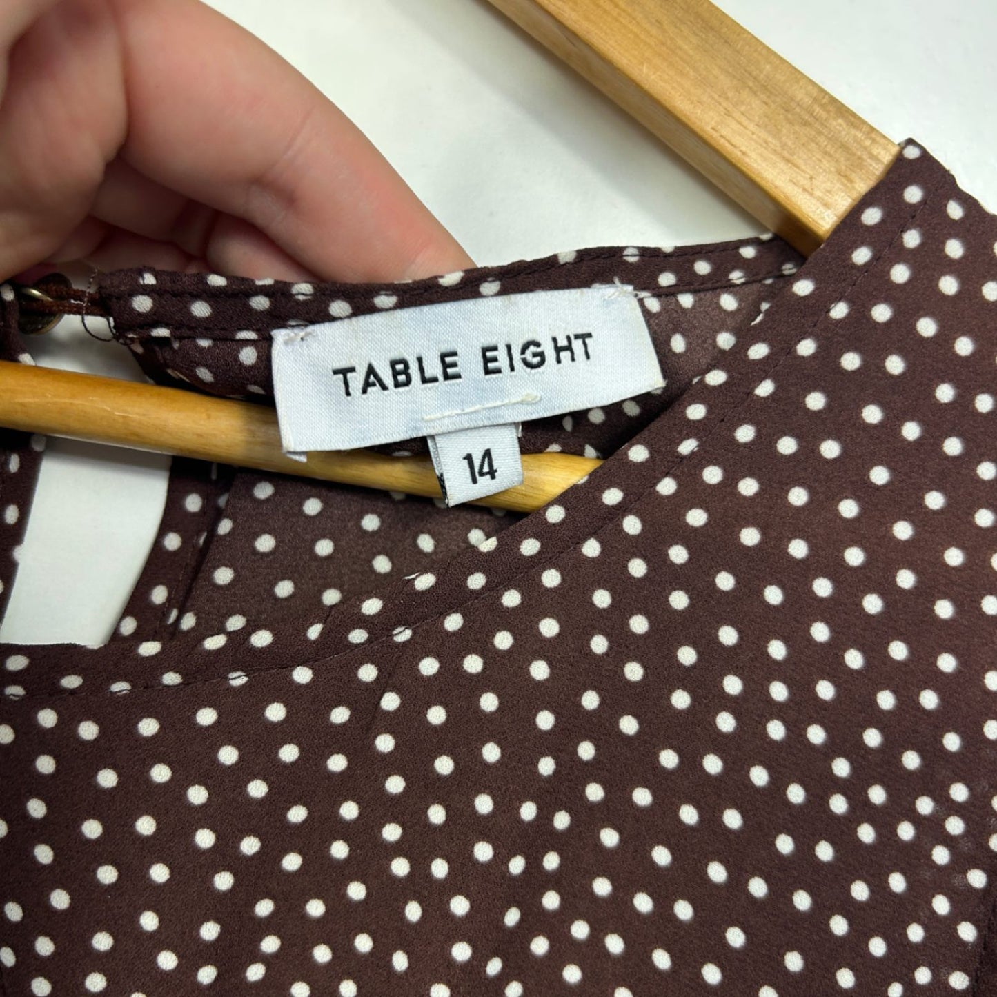 Table Eight Chocolate Brown White Dots Front Tie Top Blouse Size 14