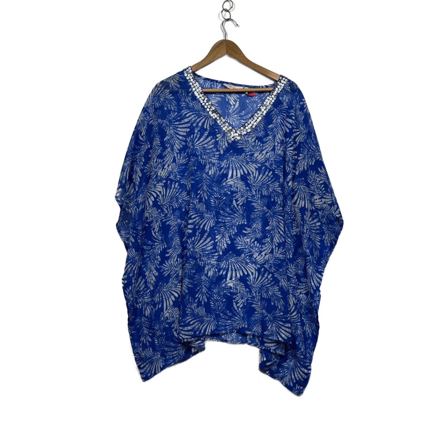 Millers Kaftan Top Size 22 Sequins Blue Leaf Print Short Sleeve