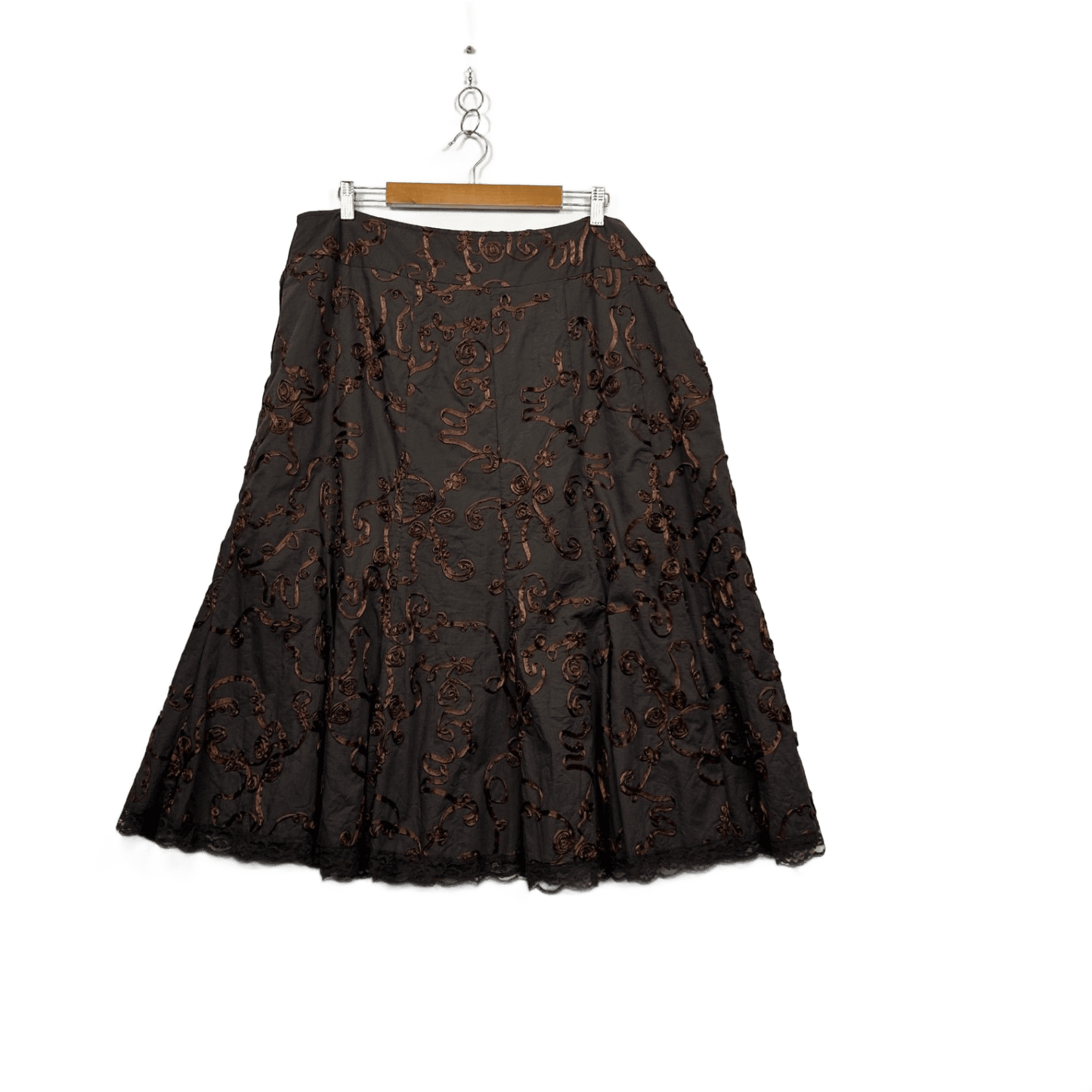 Liz Jordan Chocolate Brown A-Line Skirt Size 14-16 Scroll Floral Appliqué Detailing