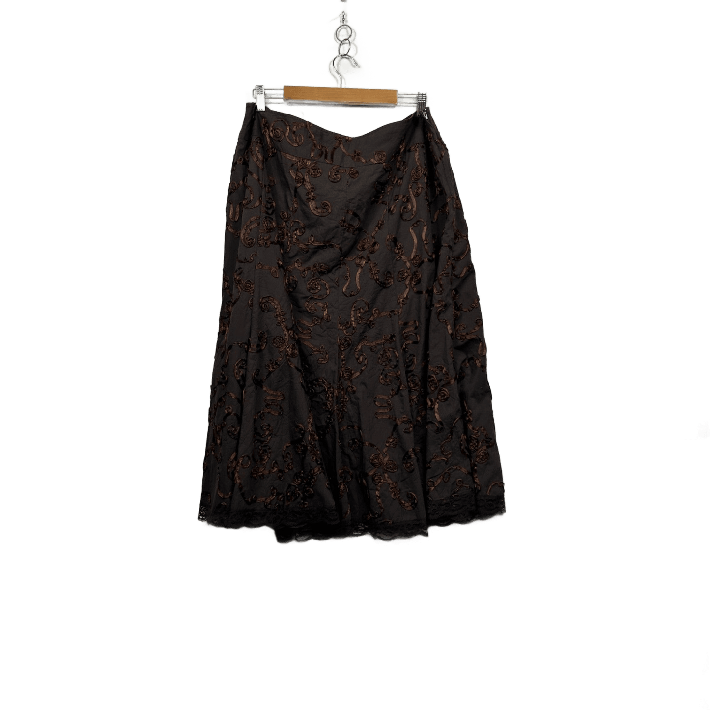 Liz Jordan Chocolate Brown A-Line Skirt Size 14-16 Scroll Floral Appliqué Detailing