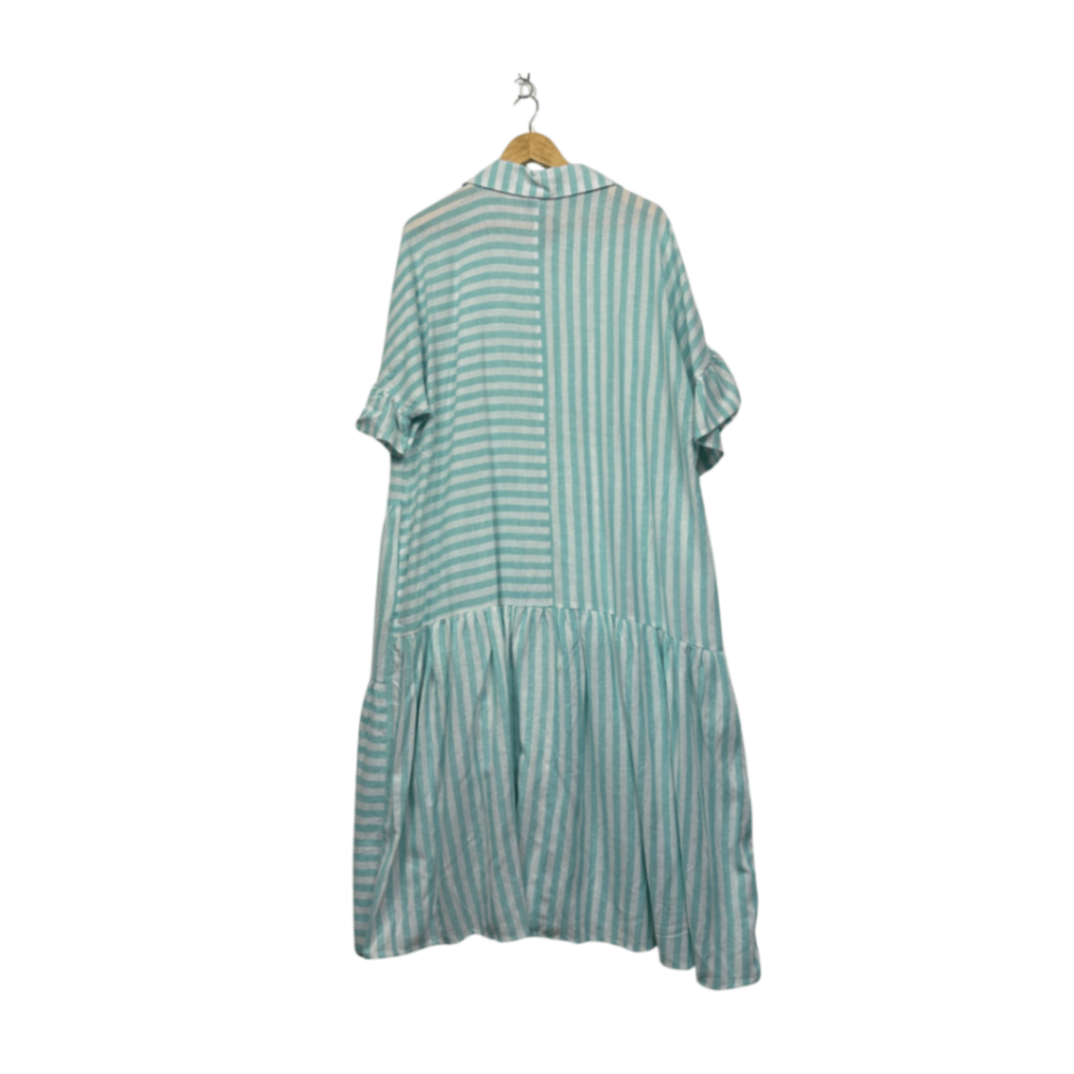 New Autograph Women's Striped Short Sleeve Tiered Linen Shirt Dress Size 16