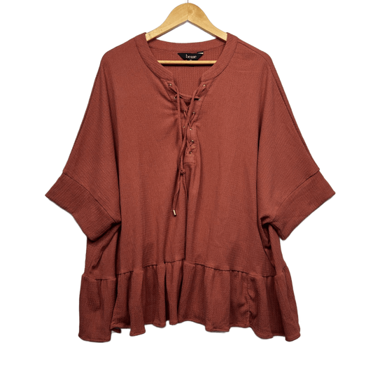 Beme  Rust Brown Short Sleeve Lace-Up Relaxed Fit Blouse Size 14 16 Plus XS