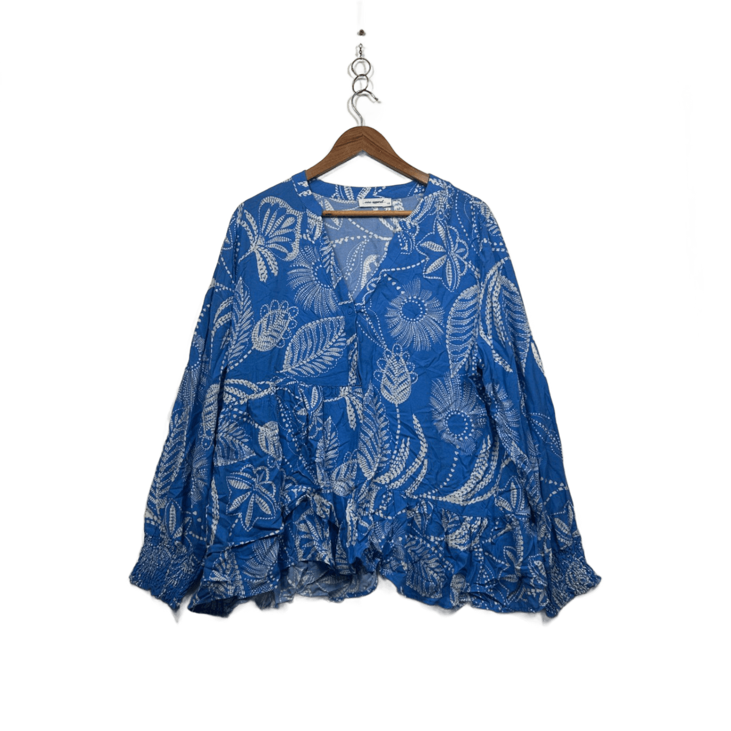 Vine Apparel Blue White Rayon Long Sleeve V-Neck Boho Blouse Size 18