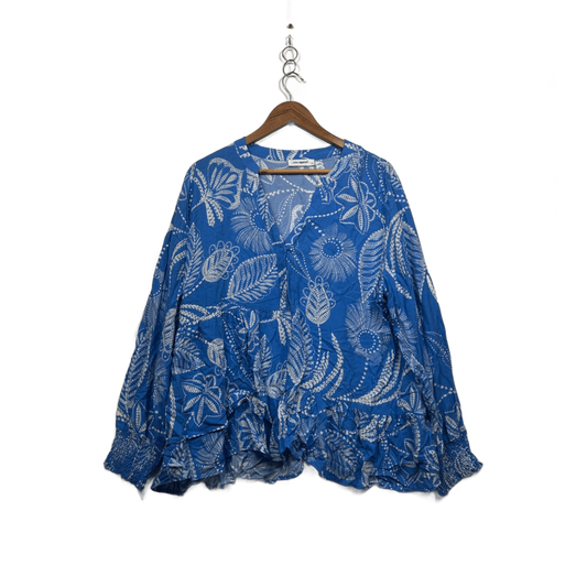 Vine Apparel Blue White Rayon Long Sleeve V-Neck Boho Blouse Size 18