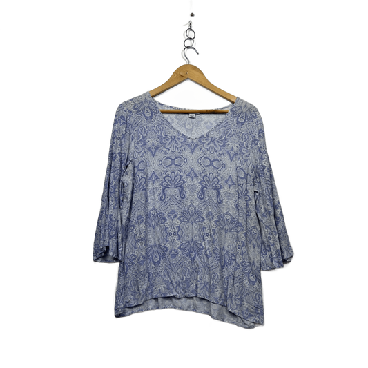Rockmans Womens Blue Viscose 3/4 Bell Sleeve V-Neck Paisley Top Size 14
