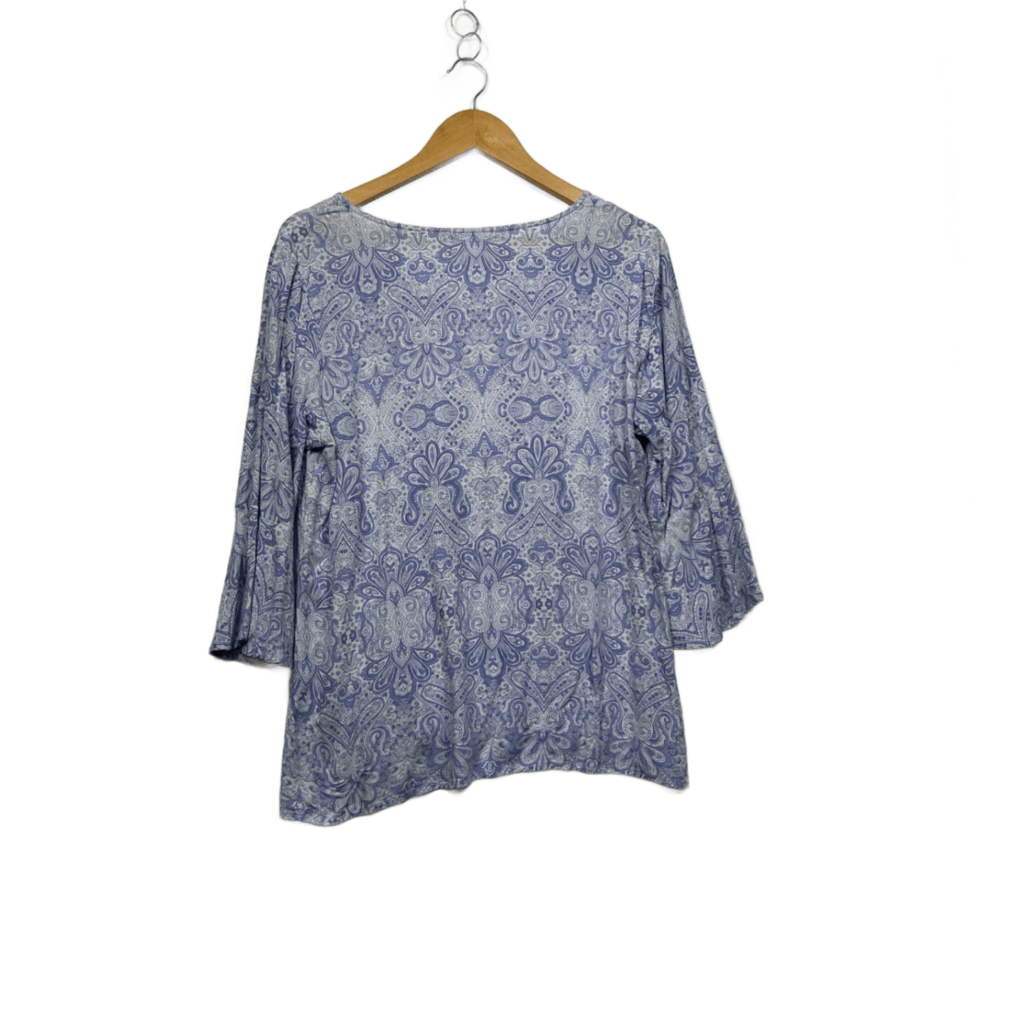 Rockmans Womens Blue Viscose 3/4 Bell Sleeve V-Neck Paisley Top Size 14