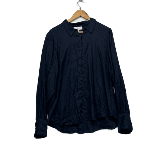 Witchery Women's Navy Linen Long Sleeve Button Up Shirt Blouse Size 18