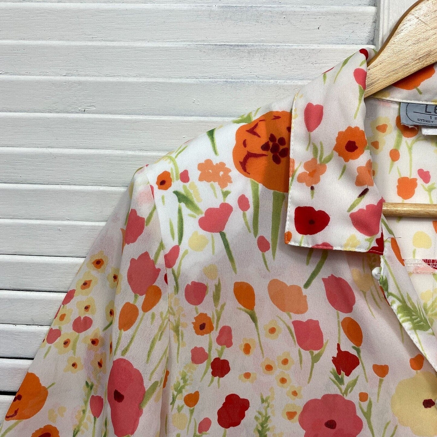 Vintage Leesa Fashion Top Womens 14 Button Up Floral Poppies Tulips Cottagecore
