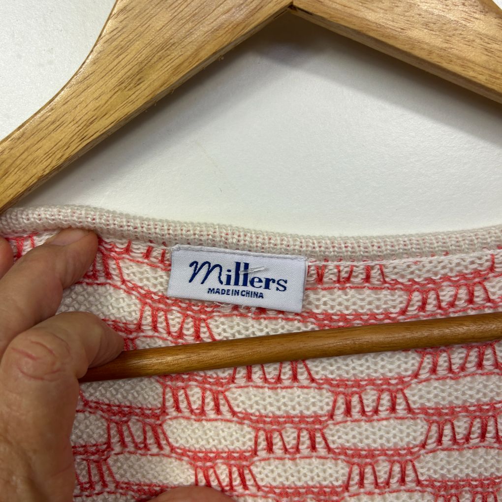 Red and white patterned knit detail view