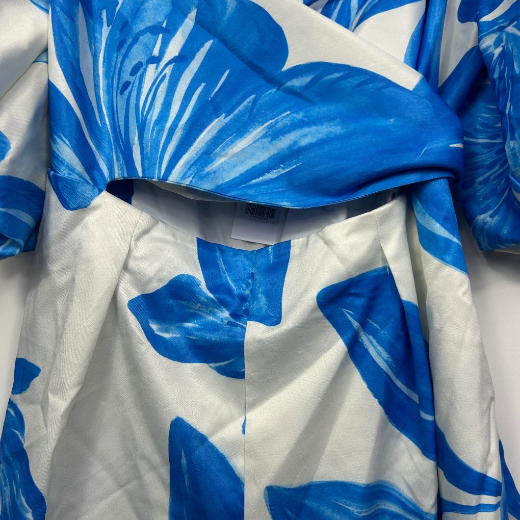 Blue and white floral print dress front view