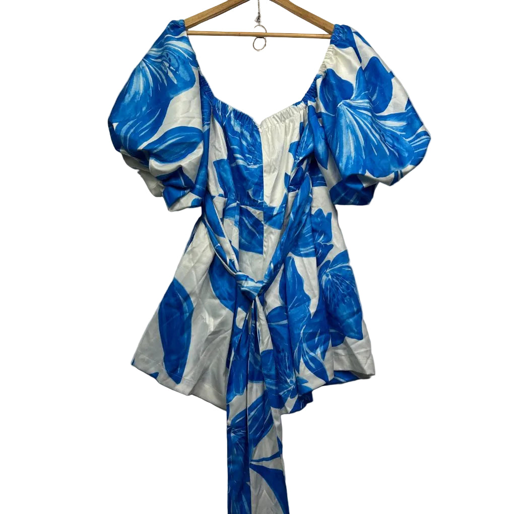 Blue and white floral wrap dress front view