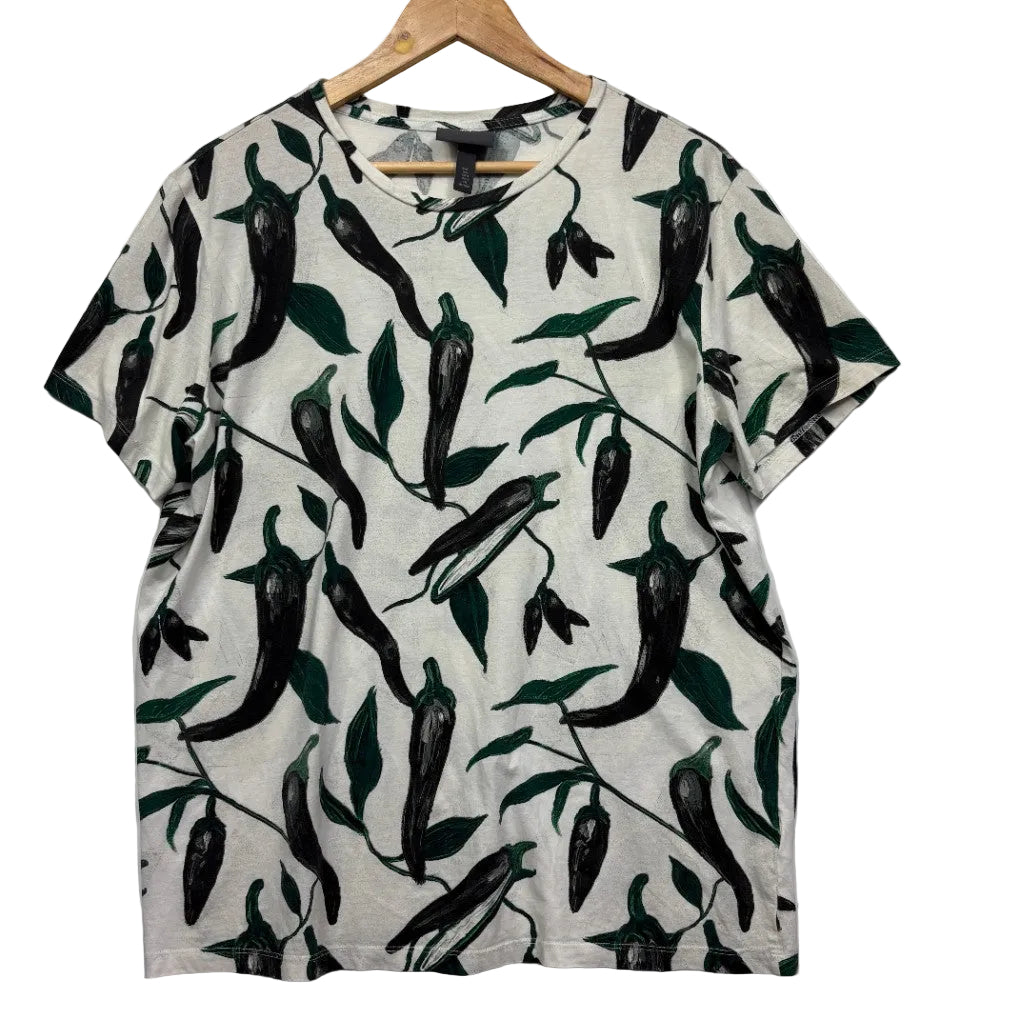 Cream and black abstract leaf print t-shirt front view