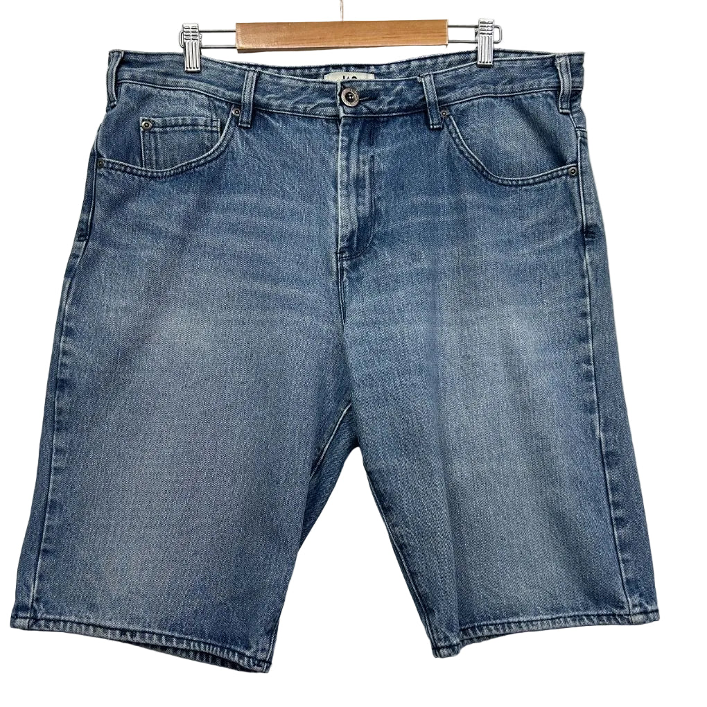 Blue denim shorts front view