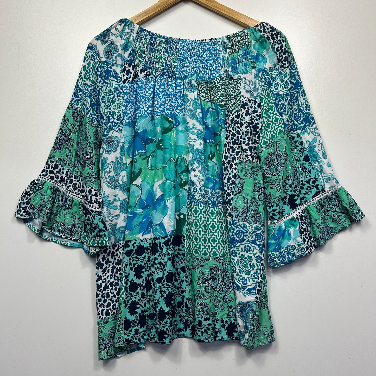 Blue and green patchwork tunic top front view