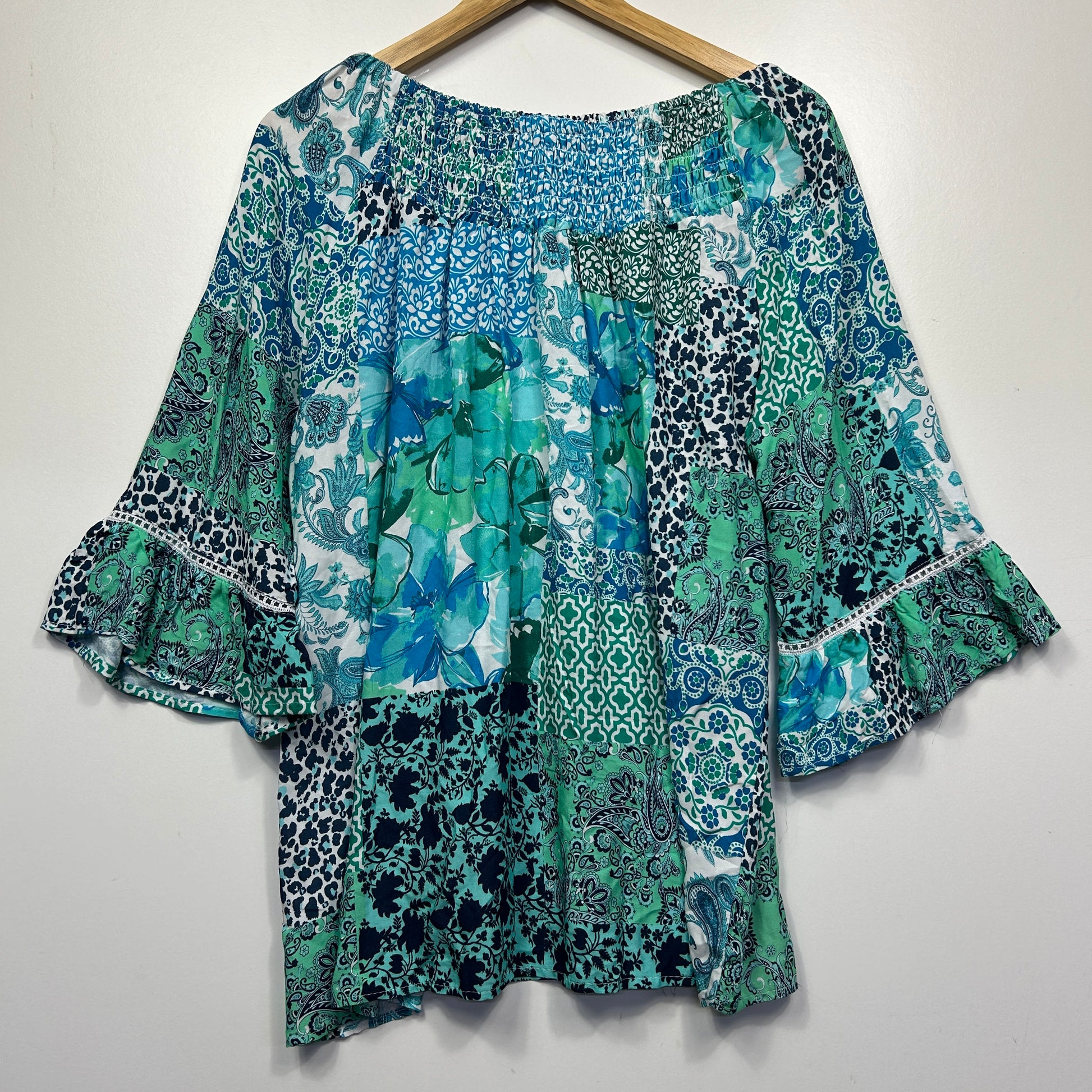Blue and green patchwork tunic top front view