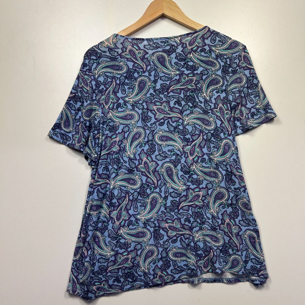 Navy paisley print short sleeve tunic front view