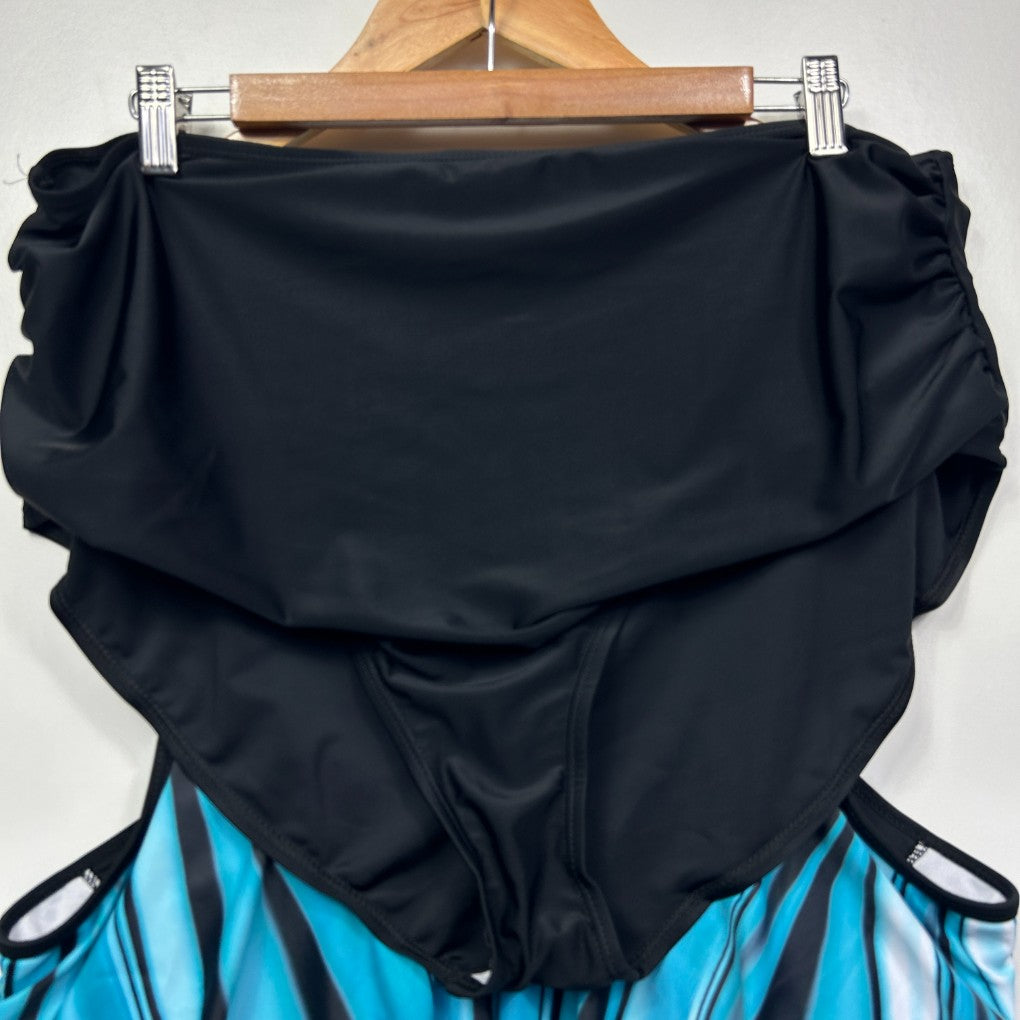 Black and blue swim shorts back view