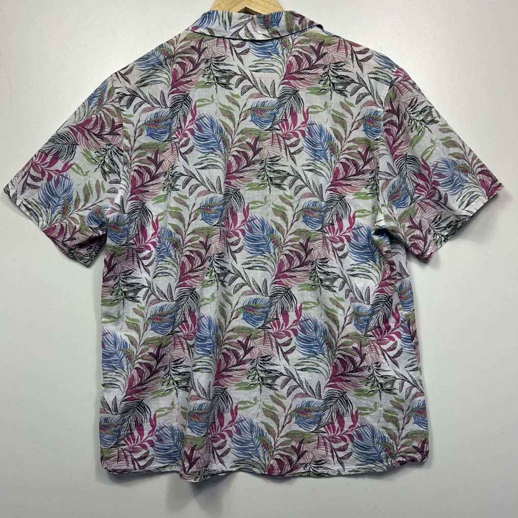 Purple and blue floral short sleeve shirt front view