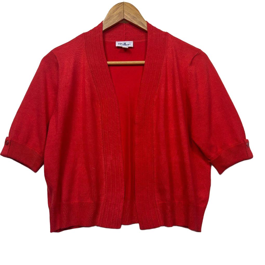 Red cardigan front view