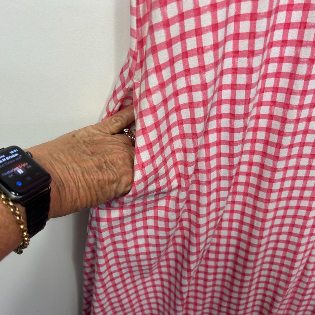 Pink and white gingham dress front view
