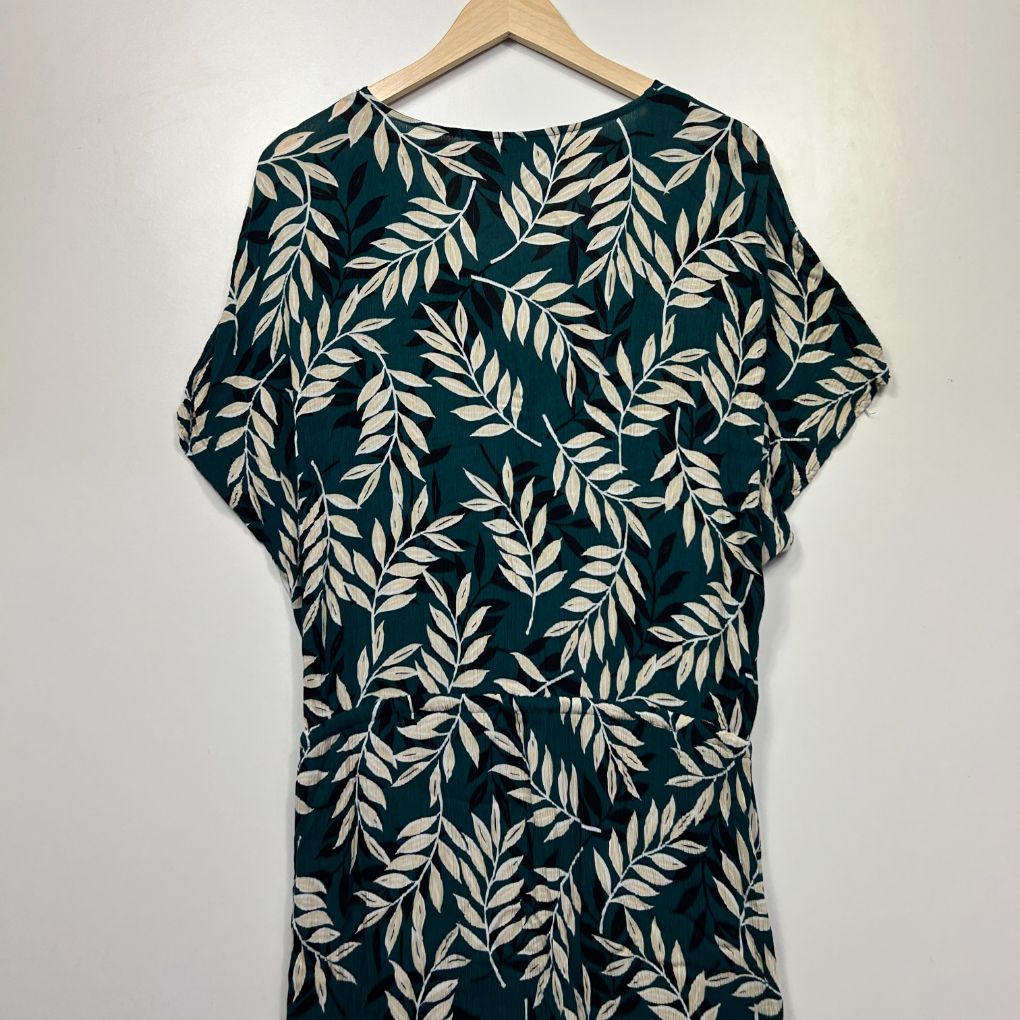 Navy leaf print short sleeve dress front view