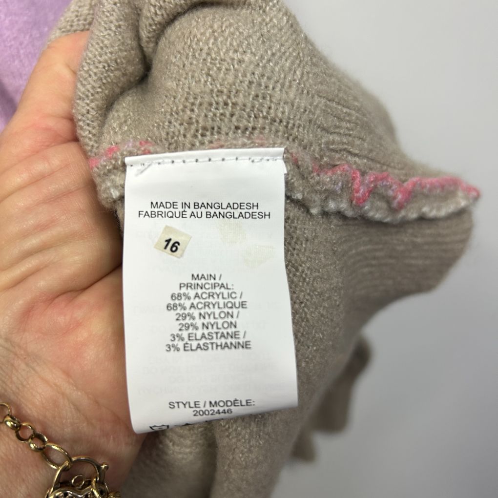 Grey knit sweater label detail view